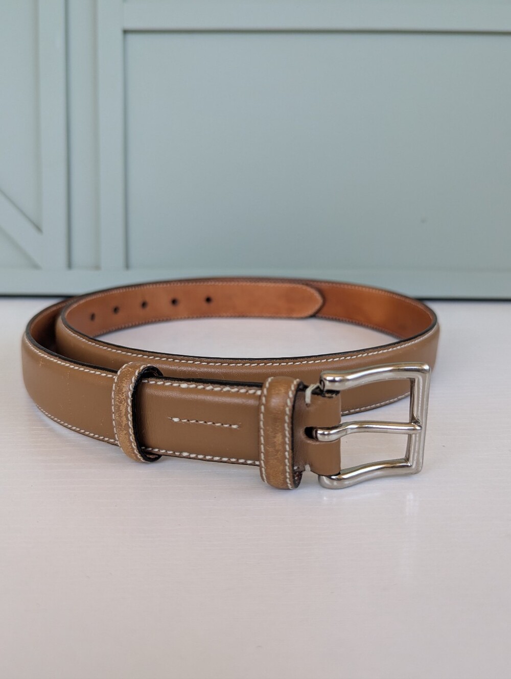 Faconnable Tan Leather Belt with Silver Buckle